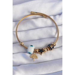 Mey İthalat® 316L Çelik Gold Renk Siyah Zirkon Taşlı Yıldız Tasarımlı Ağaç Detay Nazarlı Charm Bileklik