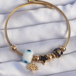 Mey İthalat® 316L Çelik Gold Renk Siyah Zirkon Taşlı Yıldız Tasarımlı Ağaç Detay Nazarlı Charm Bileklik