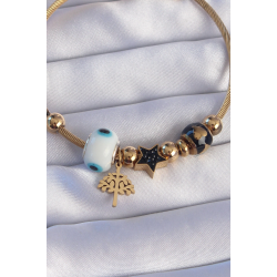 Mey İthalat® 316L Çelik Gold Renk Siyah Zirkon Taşlı Yıldız Tasarımlı Ağaç Detay Nazarlı Charm Bileklik