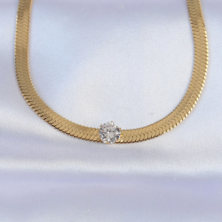 Mey İthalat® 316L Çelik Gold Renk Tek Zirkon Taşlı İtalyan Zincir Kolye