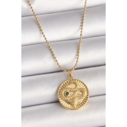 Mey İthalat® 316L Çelik Gold Renk Topçuk Zincir Yılan İşlemeli Zirkon Taş Detaylı Madalyon Model Kadın Kolye
