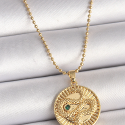 Mey İthalat® 316L Çelik Gold Renk Topçuk Zincir Yılan İşlemeli Zirkon Taş Detaylı Madalyon Model Kadın Kolye