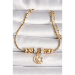 Mey İthalat® 316L Çelik Gold Renk Tüp Zincir Zirkon Taş Detaylı Sallantı Ay Yıldız Figür Kadın Bileklik