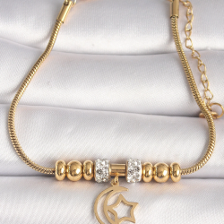 Mey İthalat® 316L Çelik Gold Renk Tüp Zincir Zirkon Taş Detaylı Sallantı Ay Yıldız Figür Kadın Bileklik