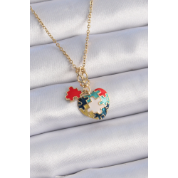 Mey İthalat® 316L Çelik Gold Renk Yapboz Motif Kalp Figür Charm Model Kadın Kolye