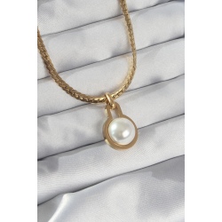 Mey İthalat® 316L Çelik Gold Renk Yassı Zincir İnci Taşlı Kolye