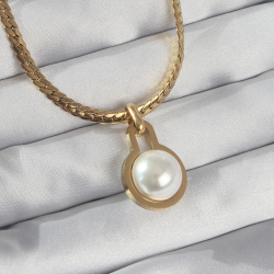 Mey İthalat® 316L Çelik Gold Renk Yassı Zincir İnci Taşlı Kolye