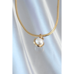 Mey İthalat® 316L Çelik Gold Renk Yassı Zincir İnci Taşlı Kolye