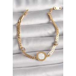 Mey İthalat® 316L Çelik Gold Renk Yassı Zincir Model Zirkon Taş Detaylı Beyaz Mineli Madalyon Model Kadın Bileklik