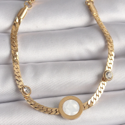 Mey İthalat® 316L Çelik Gold Renk Yassı Zincir Model Zirkon Taş Detaylı Beyaz Mineli Madalyon Model Kadın Bileklik