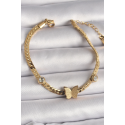 Mey İthalat® 316L Çelik Gold Renk Yassı Zincir Zirkon Taşlı Simli Kelebek Figür Kadın Bileklik