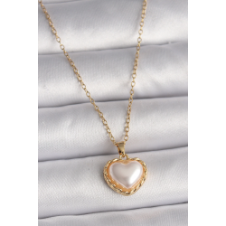 Mey İthalat® 316L Çelik Gold Renk Zincir 3D İnci Kalp Model Kadın Kolye