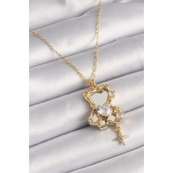 Mey İthalat® 316L Çelik Gold Renk Zincir Ayna Ayıcık Model Zirkon Taşlı Kalp Model Kadın Kolye