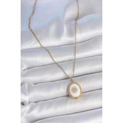 Mey İthalat® 316L Çelik Gold Renk Zincir Beyaz Mineli Güneş İşlemeli Zirkon Taş Detaylı Madalyon Model Kadın Kolye