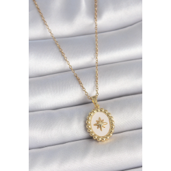 Mey İthalat® 316L Çelik Gold Renk Zincir Beyaz Mineli Kutup Yıldız İşlemeli Madalyon Model Kadın Kolye