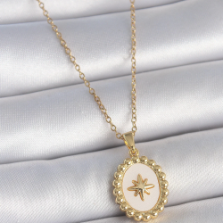 Mey İthalat® 316L Çelik Gold Renk Zincir Beyaz Mineli Kutup Yıldız İşlemeli Madalyon Model Kadın Kolye