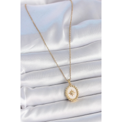 Mey İthalat® 316L Çelik Gold Renk Zincir Beyaz Mineli Kutup Yıldız İşlemeli Madalyon Model Kadın Kolye