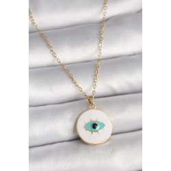 Mey İthalat® 316L Çelik Gold Renk Zincir Beyaz Mineli Turkuaz Göz İşleme Model Kadın Kolye