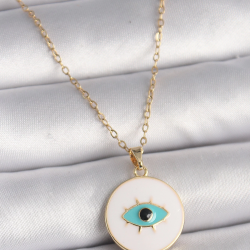 Mey İthalat® 316L Çelik Gold Renk Zincir Beyaz Mineli Turkuaz Göz İşleme Model Kadın Kolye