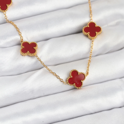 Mey İthalat® 316L Çelik Gold Renk Zincir Bordo Yonca Kadın Kolye