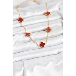 Mey İthalat® 316L Çelik Gold Renk Zincir Bordo Yonca Kadın Kolye