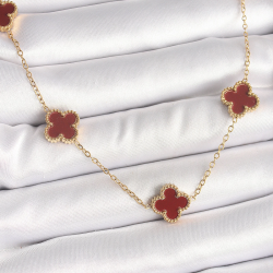 Mey İthalat® 316L Çelik Gold Renk Zincir Bordo Yonca Model Kadın Kolye