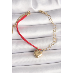 Mey İthalat® 316L Çelik Gold Renk Zincir Kırmızı İp Model Sallantı Kalp Figür İşleme Detaylı Kadın Bileklik