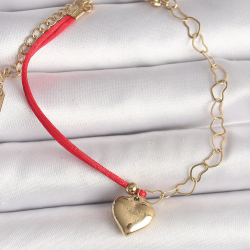 Mey İthalat® 316L Çelik Gold Renk Zincir Kırmızı İp Model Sallantı Kalp Figür İşleme Detaylı Kadın Bileklik