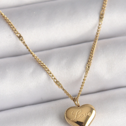 Mey İthalat® 316L Çelik Gold Renk Zincir Love İşlemeli Kalp Figür Kadın Kolye
