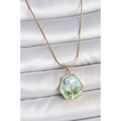 Mey İthalat® 316L Çelik Gold Renk Zincir Mavi Çiçek İşlemeli İnci İşlemeli Portre Model Kadın Kolye