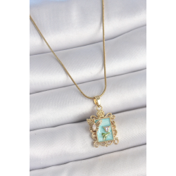 Mey İthalat® 316L Çelik Gold Renk Zincir Mavi Mineli Çiçek İşlemeli Zirkon Taşlı Kelebek Detay Portre Model Kadın Kolye