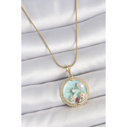 Mey İthalat® 316L Çelik Gold Renk Zincir Mavi Mineli İnci Çiçek İşlemeli Zirkon Taş Detaylı Madalyon Model Kadın Kolye