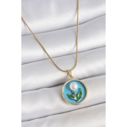 Mey İthalat® 316L Çelik Gold Renk Zincir Mavi Mineli İncili Çiçek İşlemeli Portre Model Kadın Kolye