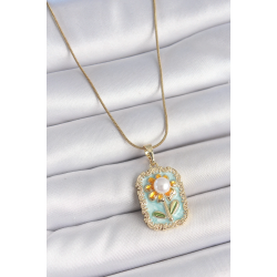 Mey İthalat® 316L Çelik Gold Renk Zincir Mavi Mineli İncili Papatya İşlemeli Portre Model Kadın Kolye