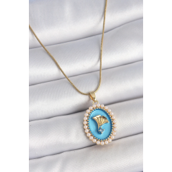 Mey İthalat® 316L Çelik Gold Renk Zincir Mavi Mineli İncili Zirkon Taşlı Çiçek İşlemeli Portre Model Kadın Kolye