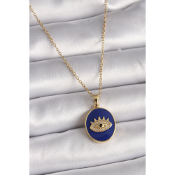 Mey İthalat® 316L Çelik Gold Renk Zincir Mavi Mineli Zirkon Taşlı Göz İşleme Kadın Kolye