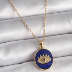 Mey İthalat® 316L Çelik Gold Renk Zincir Mavi Mineli Zirkon Taşlı Göz İşleme Kadın Kolye