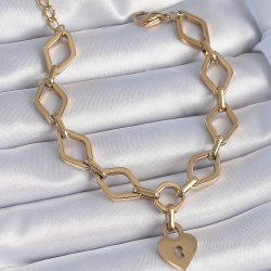 Mey İthalat® 316L Çelik Gold Renk Zincir Model Kilit Kalp Figür Kadın Bileklik