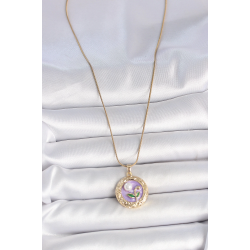 Mey İthalat® 316L Çelik Gold Renk Zincir Mor Çiçek İşlemeli İnci Detay Potre Model Kadın Kolye
