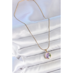 Mey İthalat® 316L Çelik Gold Renk Zincir Mor Çiçek İşlemeli Zirkon Taş İnci Detaylı Minimal Portre Model Kadın Kolye