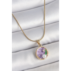 Mey İthalat® 316L Çelik Gold Renk Zincir Mor Çiçek İşlemeli Zirkon Taş İnci Detaylı Minimal Portre Model Kadın Kolye