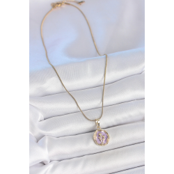 Mey İthalat® 316L Çelik Gold Renk Zincir Mor Mineli Çiçek İşlemeli Portre Model Kadın Kolye