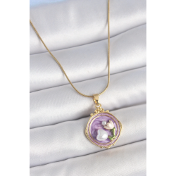 Mey İthalat® 316L Çelik Gold Renk Zincir Mor Mineli İncili Çiçek İşlemeli Portre Model Kadın Kolye