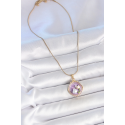 Mey İthalat® 316L Çelik Gold Renk Zincir Mor Mineli İncili Çiçek İşlemeli Portre Model Kadın Kolye