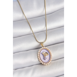 Mey İthalat® 316L Çelik Gold Renk Zincir Mor Mineli İncili Zirkon Taşlı Çiçek İşlemeli Portre Model Kadın Kolye