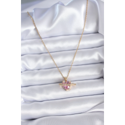 Mey İthalat® 316L Çelik Gold Renk Zincir Pembe Kristal Kalp Model Zirkon Taş Detay Kadın Kolye