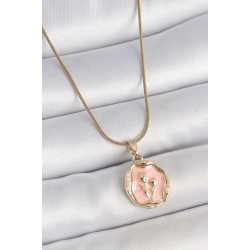 Mey İthalat® 316L Çelik Gold Renk Zincir Pembe Mineli Çiçek İşlemeli Portre Model Kadın Kolye