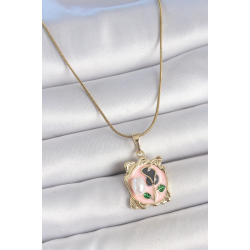 Mey İthalat® 316L Çelik Gold Renk Zincir Pembe Mineli Çiçek İşlemli İnci Detay Portre Model Kadın Kolye