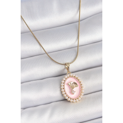 Mey İthalat® 316L Çelik Gold Renk Zincir Pembe Mineli İncli Zirkon Taşlı Çiçek İşlemeli Portre Model Kadın Kolye