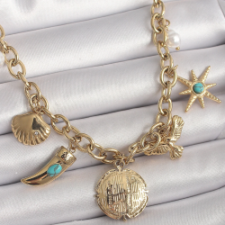 Mey İthalat® 316L Çelik Gold Renk Zincir Sallantılı Çoklu Figür Model Kadın Kolye